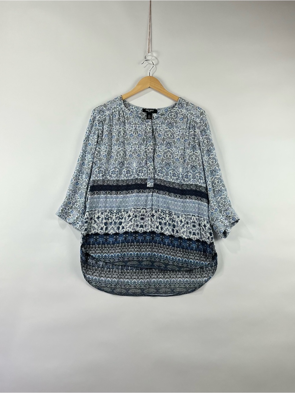 Nine West Jeans Boho Border Print Roll Tab Tunic Top L